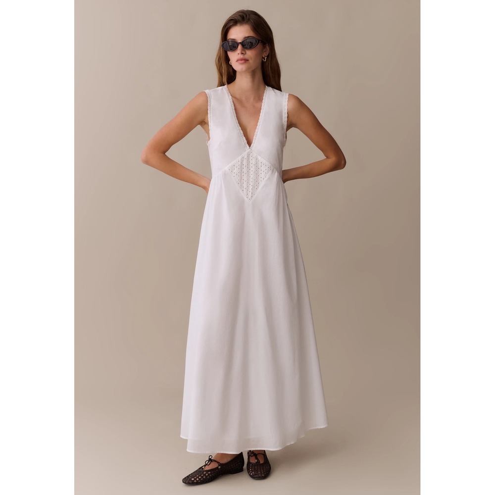 Kourt Sonnet White Cotton Eyelet Lace V-Neck Sleeveless Maxi Dress XS NWT